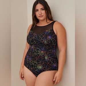 Wireless Mesh High Neck One Piece Swimsuit - Torrid - size 2 - Rainbow Webs